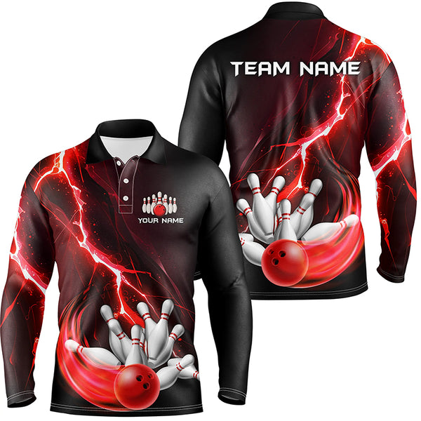 Men's bowling Polo, 1/4 Zip shirts Custom red lightning thunder Bowling Team Jersey, gift for Bowlers NQS8821