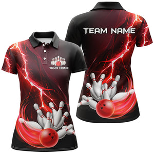 Women's bowling Polo, 1/4 Zip shirts Custom red lightning thunder Bowling Team Jersey, gift for Bowler NQS8821