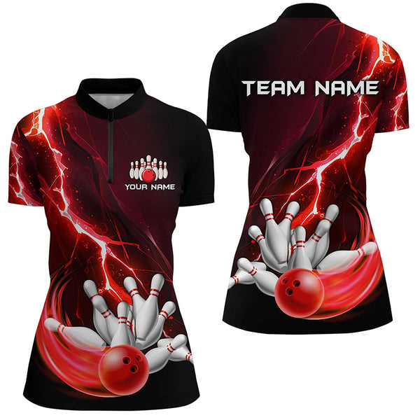 Women's bowling Polo, 1/4 Zip shirts Custom red lightning thunder Bowling Team Jersey, gift for Bowler NQS8821