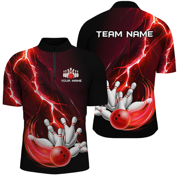 Men's bowling Polo, 1/4 Zip shirts Custom red lightning thunder Bowling Team Jersey, gift for Bowlers NQS8821