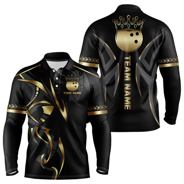 Black and Gold crown Bowling ball Polo, Quarter Zip Shirts for Men Custom Bowling Team jerseys NQS9287