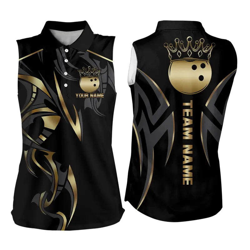 Black and Gold crown Bowling ball Sleeveless Polo Shirt Custom Bowling Team jerseys NQS9287