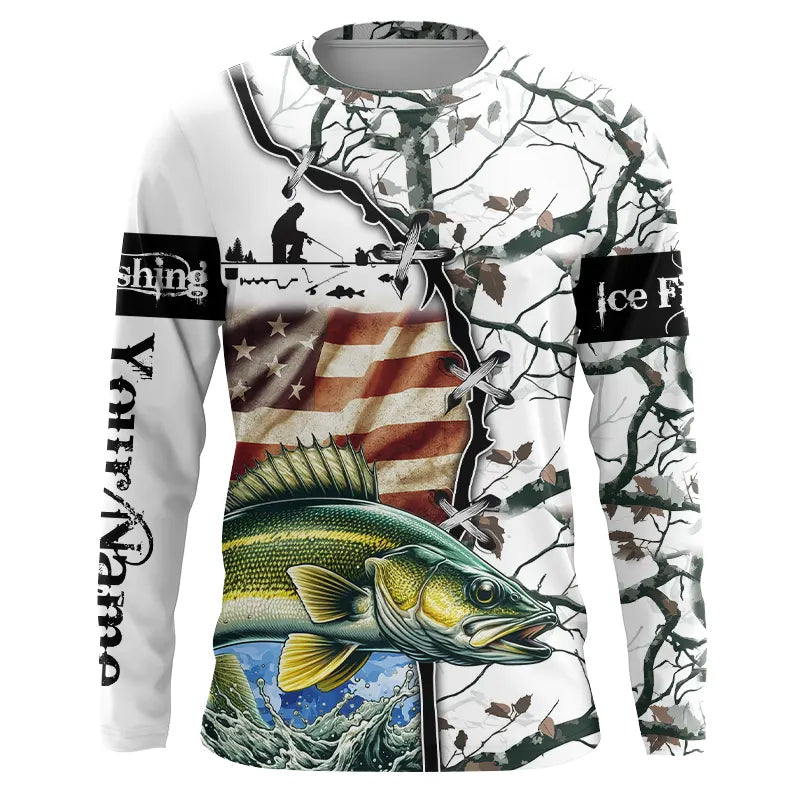 Walleye ice fishing snow camo American Flag Custom Fishing Shirts, Personalized Gifts for Fisherman NQS2901