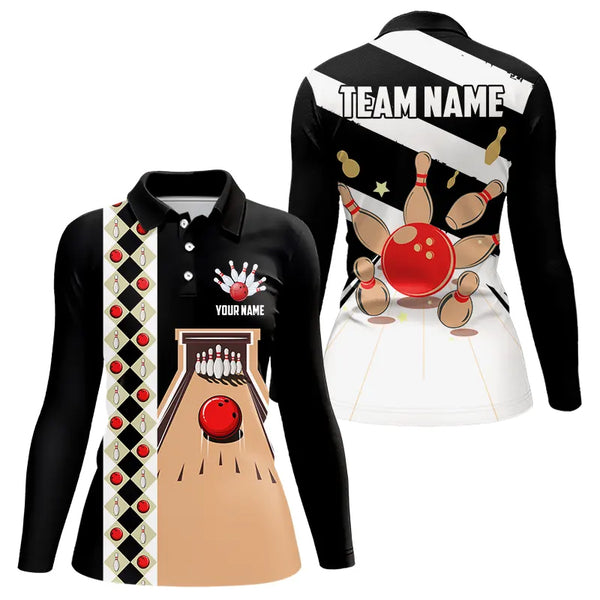 Personalized Red, white and black Retro bowling Polo, Quarter Zip shirt for women, Bowling Team Jersey NQS9460
