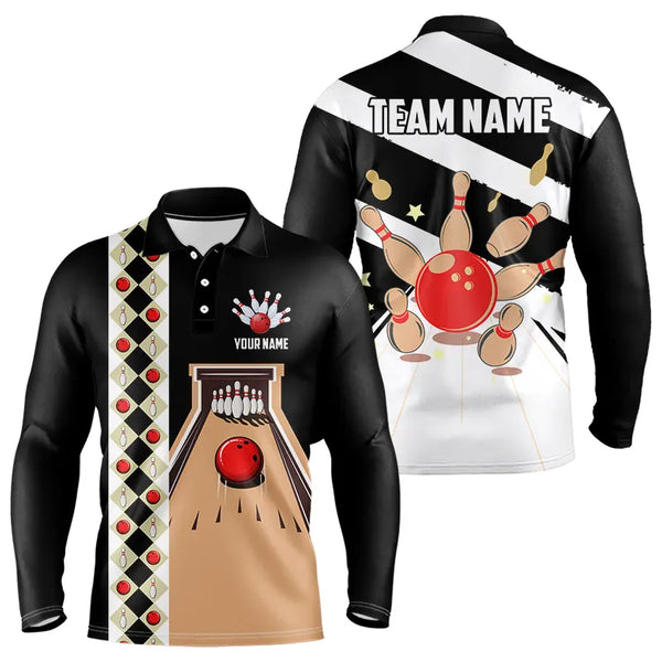 Personalized Red, white and black Retro bowling Polo, Quarter Zip shirt for Men, Bowling Team Jersey NQS9460