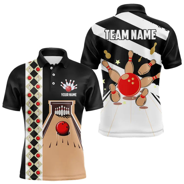Personalized Red, white and black Retro bowling Polo, Quarter Zip shirt for Men, Bowling Team Jersey NQS9460