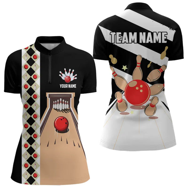 Personalized Red, white and black Retro bowling Polo, Quarter Zip shirt for women, Bowling Team Jersey NQS9460