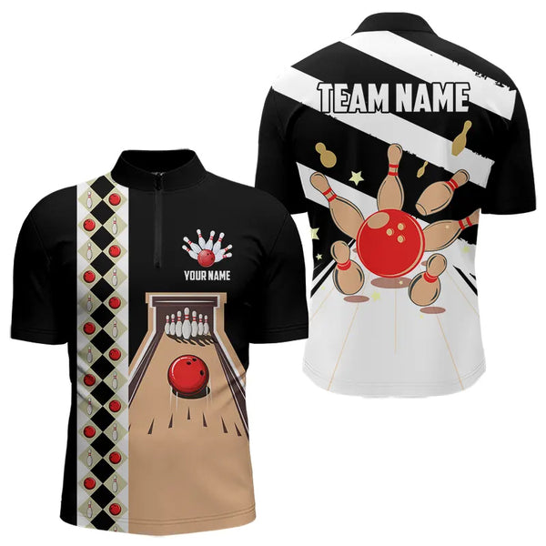 Personalized Red, white and black Retro bowling Polo, Quarter Zip shirt for Men, Bowling Team Jersey NQS9460