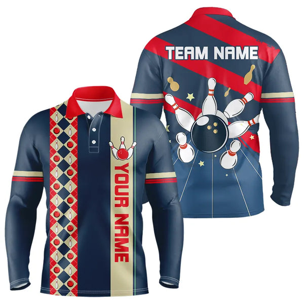 Personalized Red, white and blue Retro bowling Polo, Quarter Zip shirt for Men, Bowling Team Jersey NQS9461