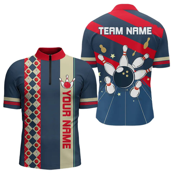 Personalized Red, white and blue Retro bowling Polo, Quarter Zip shirt for Men, Bowling Team Jersey NQS9461