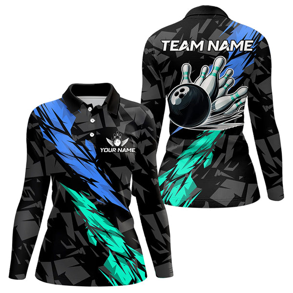 Personalized Black, Blue and Turquoise Camo Bowling Shirt For Women Custom Team Name Bowling Jerseys NQS9786