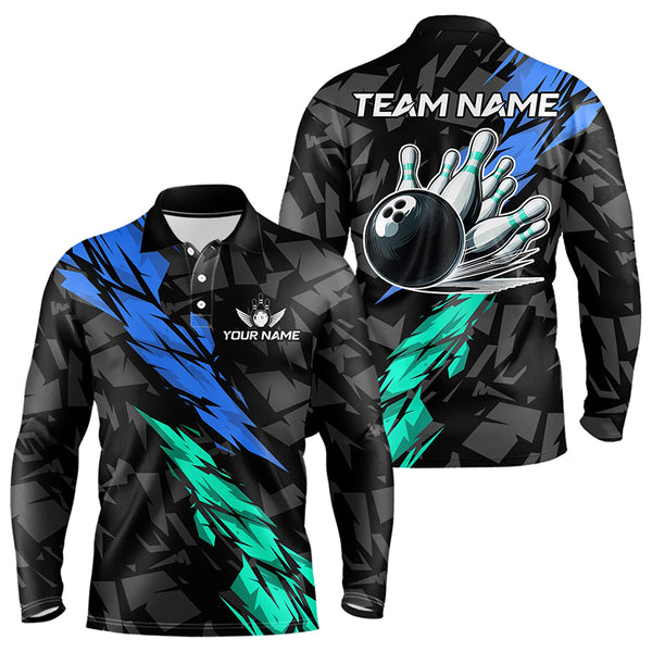 Personalized Black, Blue and Turquoise Camo Bowling Shirt For Men Custom Team Name Bowling Jerseys NQS9786