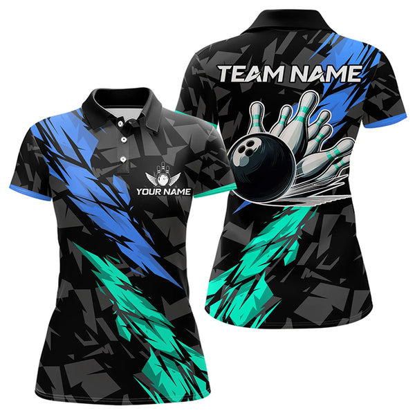 Personalized Black, Blue and Turquoise Camo Bowling Shirt For Women Custom Team Name Bowling Jerseys NQS9786
