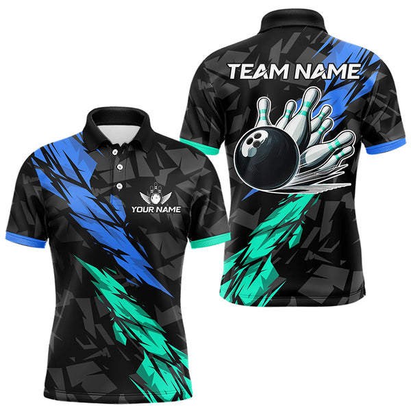 Personalized Black, Blue and Turquoise Camo Bowling Shirt For Men Custom Team Name Bowling Jerseys NQS9786