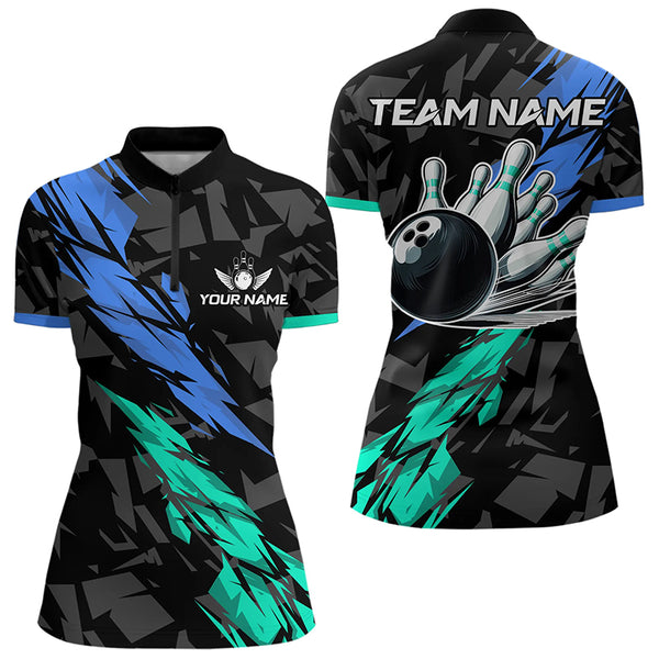 Personalized Black, Blue and Turquoise Camo Bowling Shirt For Women Custom Team Name Bowling Jerseys NQS9786