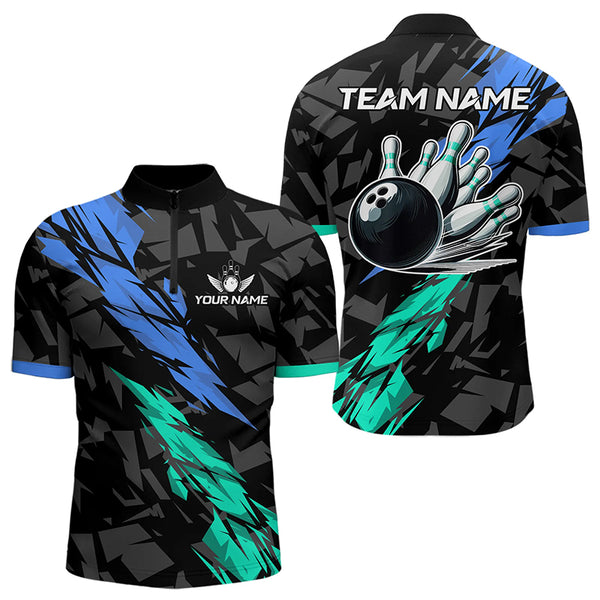 Personalized Black, Blue and Turquoise Camo Bowling Shirt For Men Custom Team Name Bowling Jerseys NQS9786