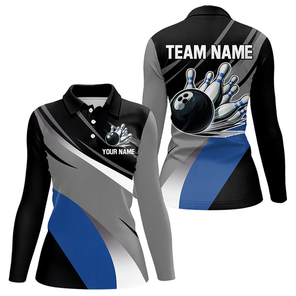 Personalized Black, Gray and Blue Bowling Shirts For Women, Bowling Balls And Pins Bowling Team Shirts NQS9784