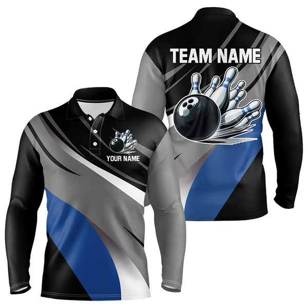 Personalized Black, Gray and Blue Bowling Shirts For Men, Bowling Balls And Pins Bowling Team Shirts NQS9784