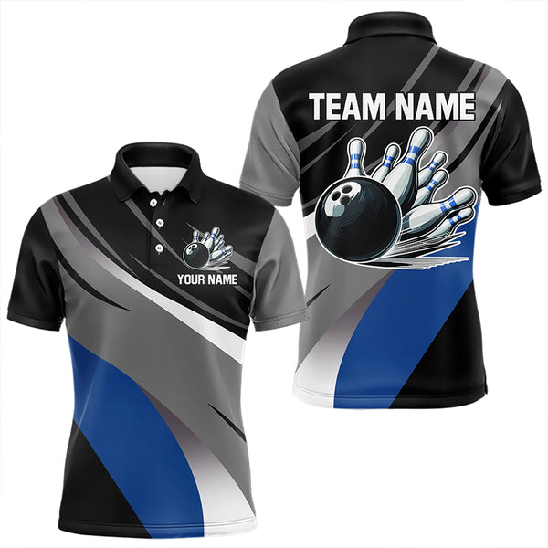 Personalized Black, Gray and Blue Bowling Shirts For Men, Bowling Balls And Pins Bowling Team Shirts NQS9784