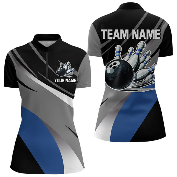 Personalized Black, Gray and Blue Bowling Shirts For Women, Bowling Balls And Pins Bowling Team Shirts NQS9784