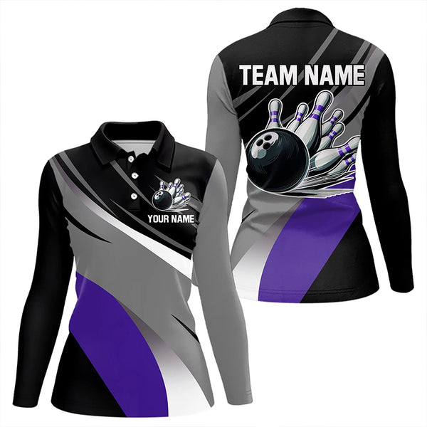 Personalized Black, Gray and Purple Bowling Shirt For Women, Bowling Ball And Pins Bowling Team Shirts NQS9785