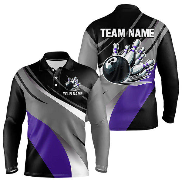 Personalized Black, Gray and Purple Bowling Shirts For Men, Bowling Balls And Pins Bowling Team Shirts NQS9785