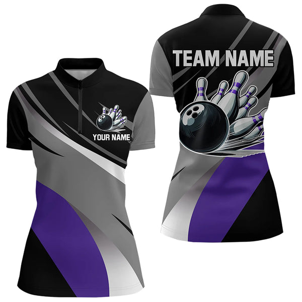Personalized Black, Gray and Purple Bowling Shirt For Women, Bowling Ball And Pins Bowling Team Shirts NQS9785