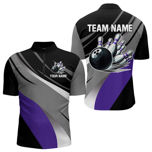 Personalized Black, Gray and Purple Bowling Shirts For Men, Bowling Balls And Pins Bowling Team Shirts NQS9785