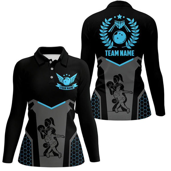 Black Bowling Jerseys For Women Custom Retro Bowling Shirts For Team Bowlers | Blue NQS7551