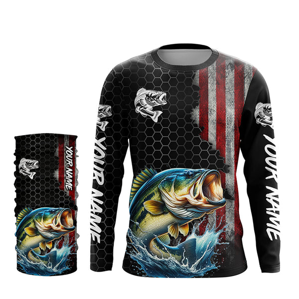 American flag Largemouth bass fishing Custom patriot performance Fishing Shirts, Bass fishing jerseys NQS7559