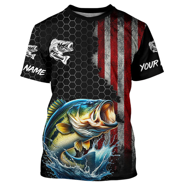 American flag Largemouth bass fishing Custom patriot performance Fishing Shirts, Bass fishing jerseys NQS7559