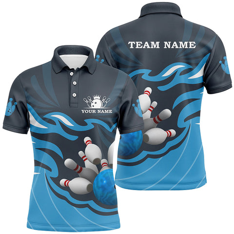 Mens polo bowling shirt Custom bowling ball pins team league jersey, personalized bowling gifts | Blue NQS6266