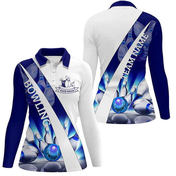 White Bowling Polo Shirts For Women Custom blue light bowling ball pins Team League Jerseys NQS6732