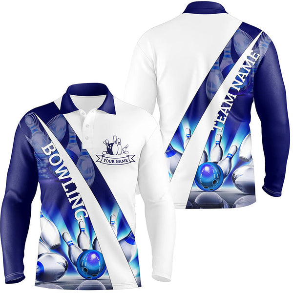 White Bowling Polo Shirts For Men Custom blue light bowling ball pins Team League Jerseys NQS6732