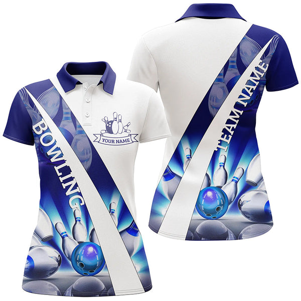 White Bowling Polo Shirts For Women Custom blue light bowling ball pins Team League Jerseys NQS6732