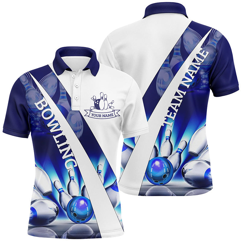White Bowling Polo Shirts For Men Custom blue light bowling ball pins Team League Jerseys NQS6732