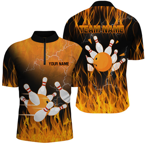 Black and Orange Flame Bowling Polo, Quarter zip Shirt For Men Custom Team Bowling Jerseys with name NQS8826