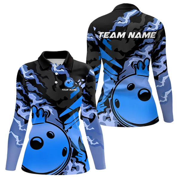 Blue Camo Bowling Polo, Quarter Zip Shirts for Women Custom Bowling Team jerseys, Gift For Bowlers NQS9294