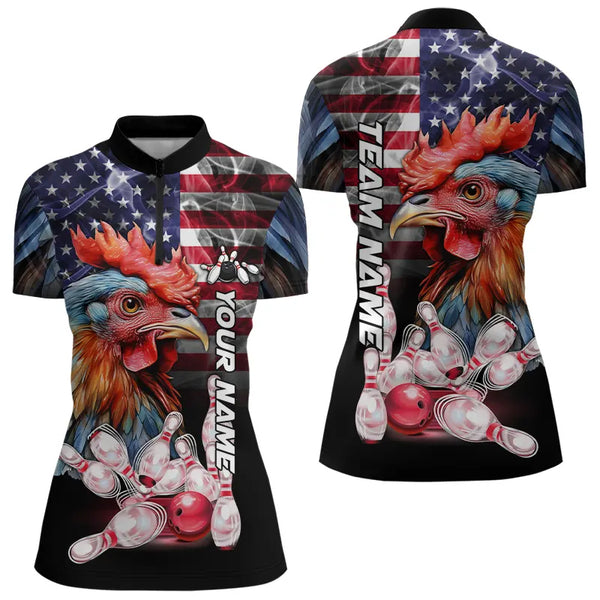 American Flag Rooster Bowling Polo, Quarter Zip Shirts for Women Custom patriotic Team Bowling jerseys NQS9296