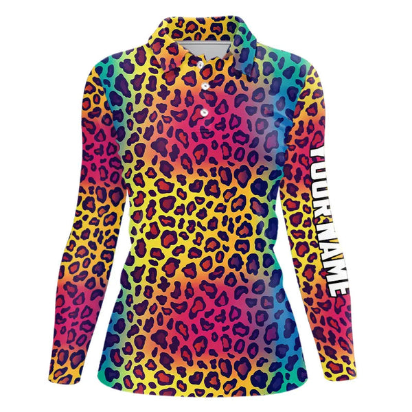 Colorful Rainbow leopard pattern Womens golf polos shirts custom golf attire for women NQS9299
