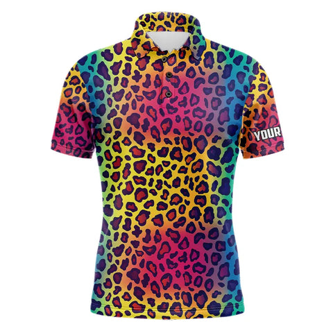 Colorful Rainbow leopard pattern Mens golf polos shirts custom golf attire for Mens NQS9299