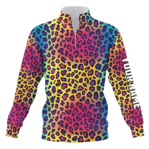 Colorful Rainbow leopard pattern Quarter zip golf sweatshirt custom golf sweater attire NQS9299