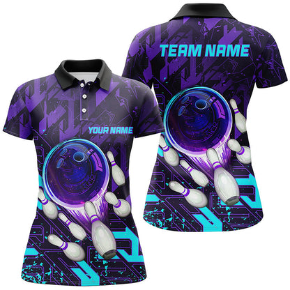 Women bowling polo shirts Custom purple blue abstract Bowling Team league Jerseys, bowling gifts NQS7096