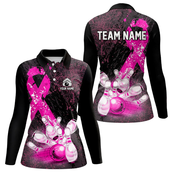 Personalized Pink Ribbons Grunge Bowling Shirts For Women, Custom breast cancer bowling Team shirts NQS9613