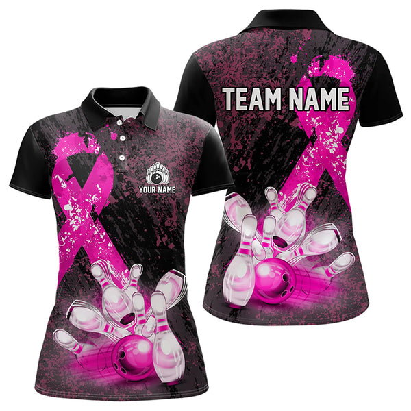 Personalized Pink Ribbons Grunge Bowling Shirts For Women, Custom breast cancer bowling Team shirts NQS9613