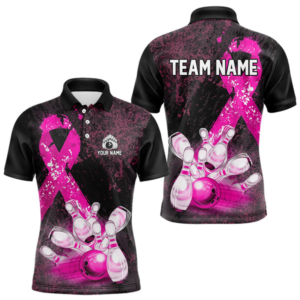 Personalized Pink Ribbons Grunge Bowling Shirts For Men, Custom breast cancer bowling Team shirts NQS9613