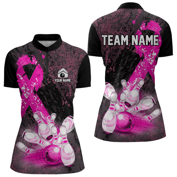 Personalized Pink Ribbons Grunge Bowling Shirts For Women, Custom breast cancer bowling Team shirts NQS9613
