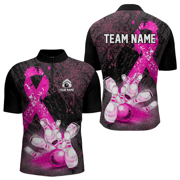 Personalized Pink Ribbons Grunge Bowling Shirts For Men, Custom breast cancer bowling Team shirts NQS9613