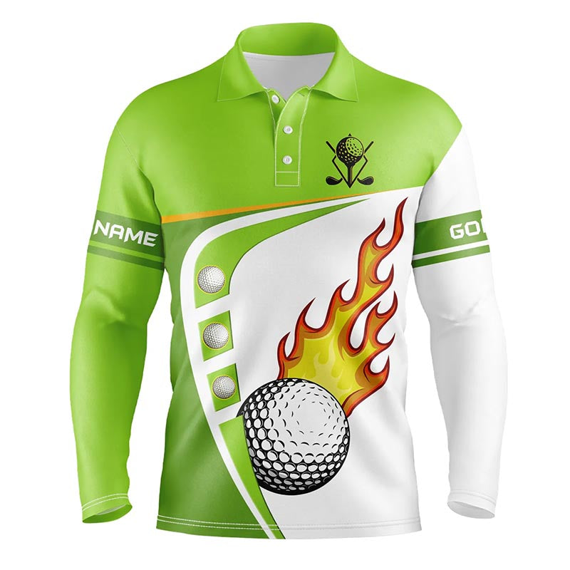 White and green Mens golf polo shirts custom golf ball fire mens golf apparel, green golf tops NQS7378
