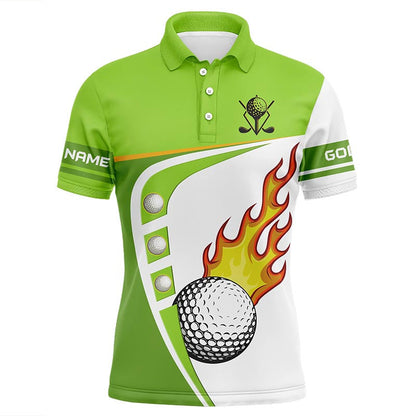 White and green Mens golf polo shirts custom golf ball fire mens golf apparel, green golf tops NQS7378